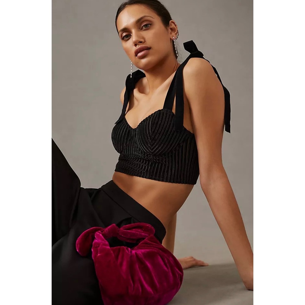 Anthropologie Black Velvet Burnout Corset Top Tie Shoulder Bustier‎ Small